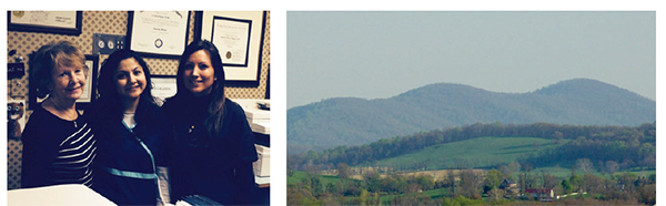 (On left) Dr. Hughes’ able-bodied staff from left to right — Codi Croson, Saba Zehra, and Vicky Artola. (On right) Paris Valley in Fauquier County Virginia, not far from Dr. Hughes’ home. Such majestic beauty